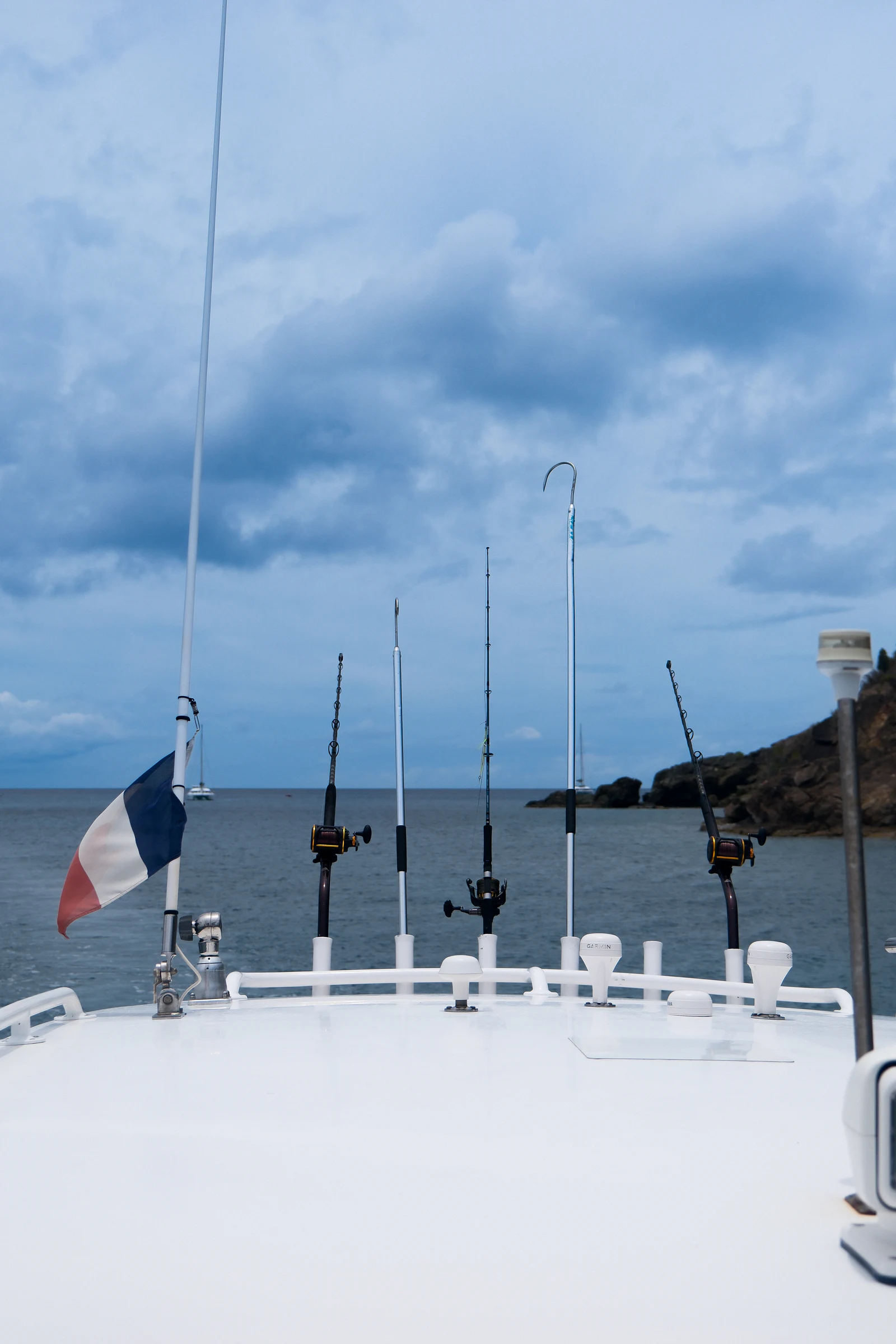 Cannes à pêche prêtes le long du pont avant